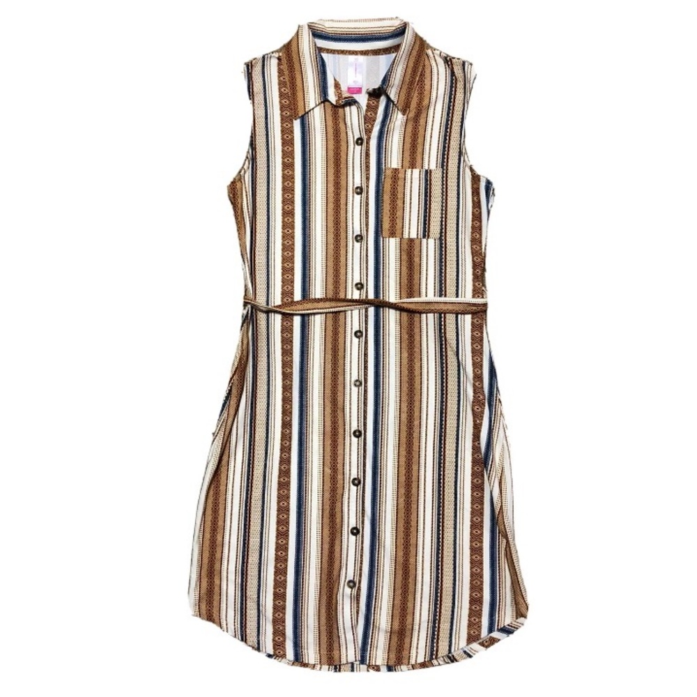 No Boundaries Junior’s Sleeveless Collared Stretch Striped Brown Dress size XS